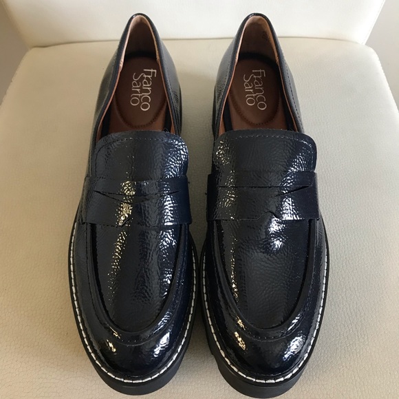 Franco Sarto Balin Platform Penny Loafers Patent Shiny Navy Blue Size 9.5 NEW - Picture 2 of 7